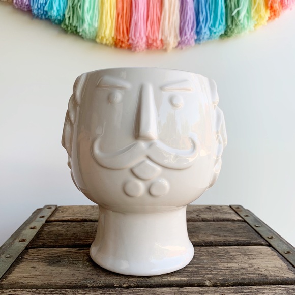 Mustache Gentleman Man Bust Planter Pot White - Picture 2 of 7